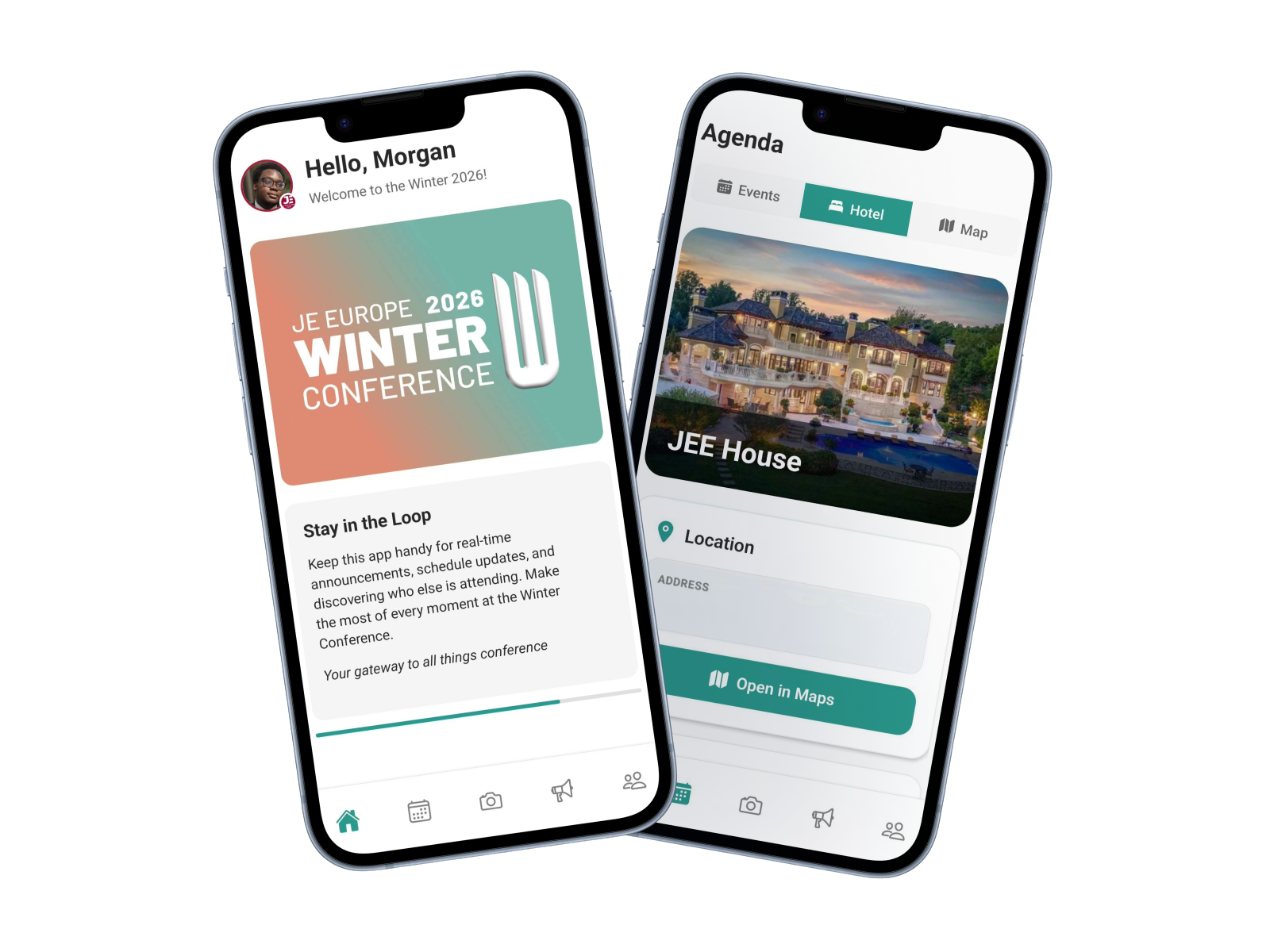 Two JEE App screens in phone mockups: the Winter 2026 home screen and the hotel map screen